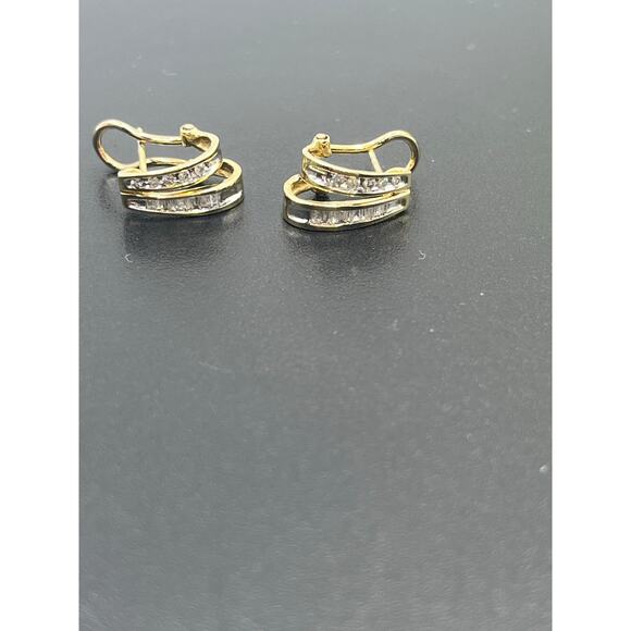 10K Yellow Gold 30 Diamonds Round  Baguette Channel Huggie Hoop Omega Earrings - Picture 5 of 12